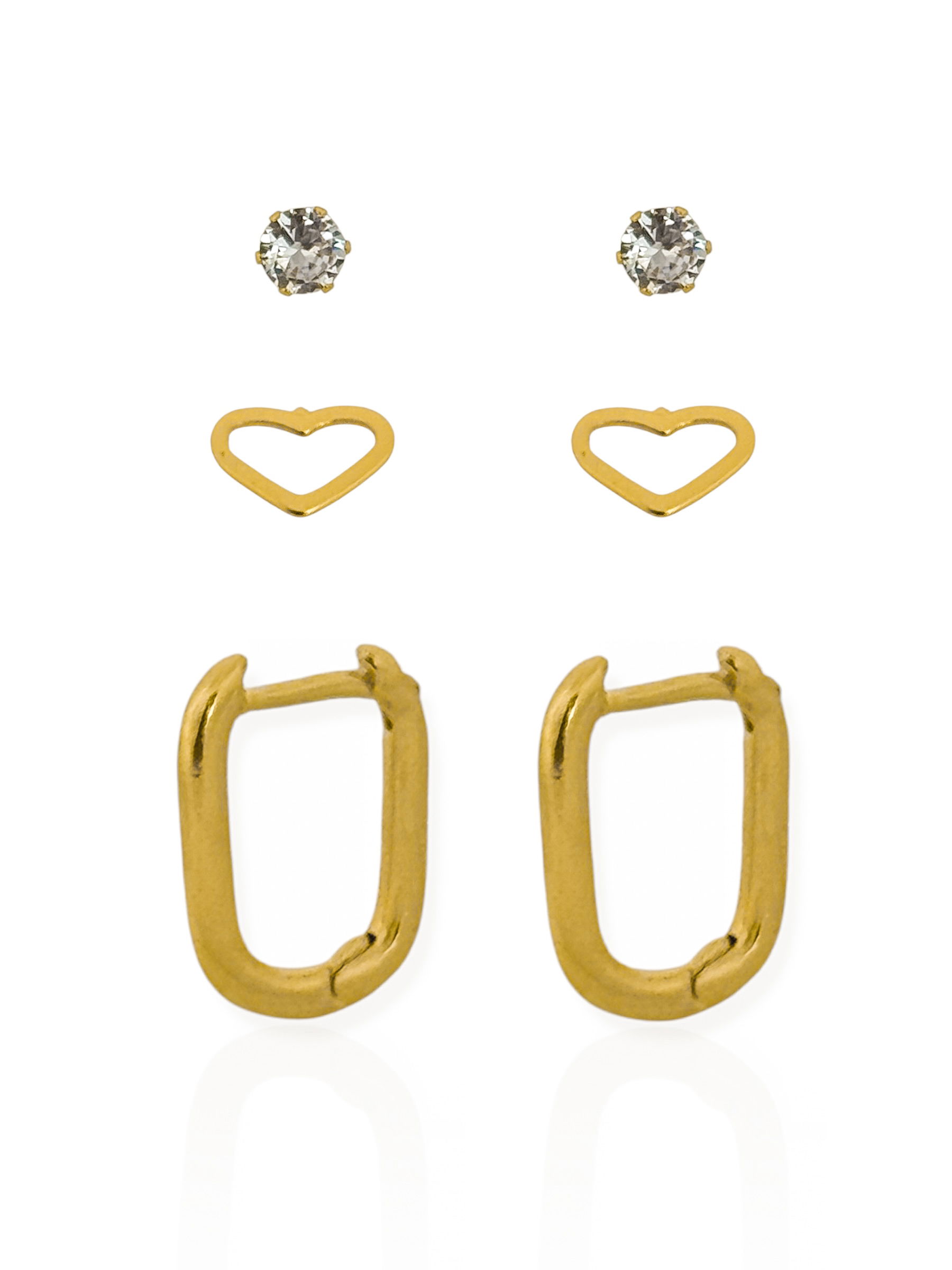 Trio de Brinco Folheado a Ouro 18k Ponto De Luz, Coração Vazado Com Argola