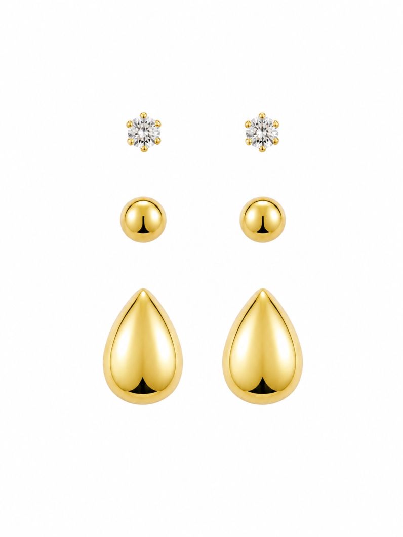 Trio de Brinco Folheado a Ouro 18k Ponto de Luz, Esfera e Gota