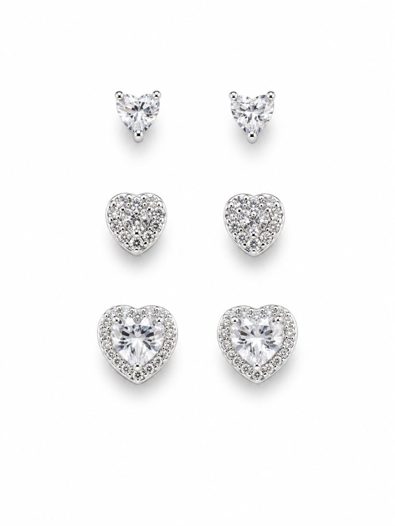 Trio de Brinco Folheado a Prata 925 Coração Cristal