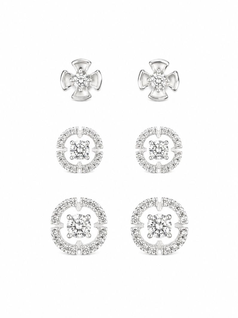 Trio de Brinco Folheado a Prata 925 Flores Cravejadas