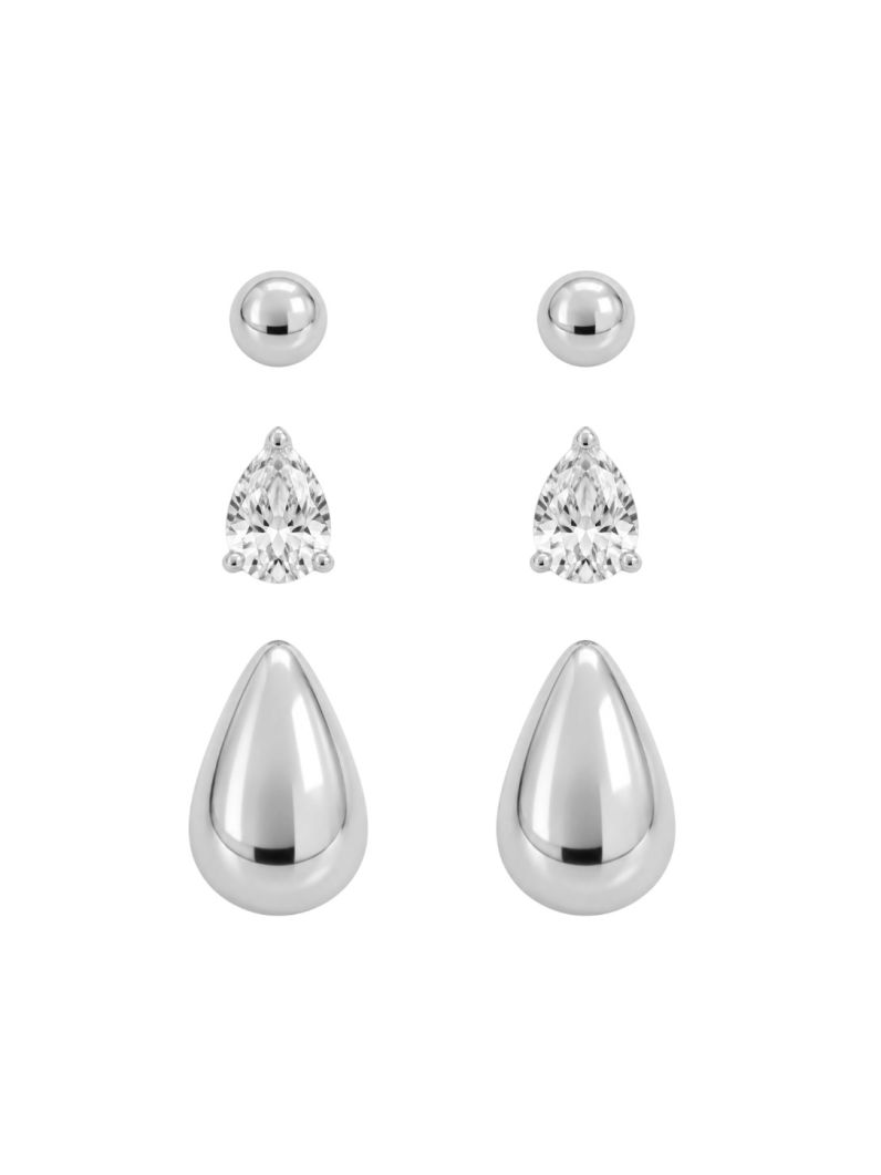 Trio de Brinco Folheado a Prata 925 Gota Cristal, Esfera e Gota Lisa
