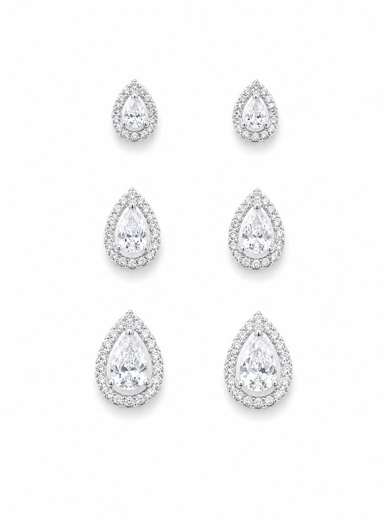 Trio de Brinco Folheado a Prata 925 Gotas Cravejadas