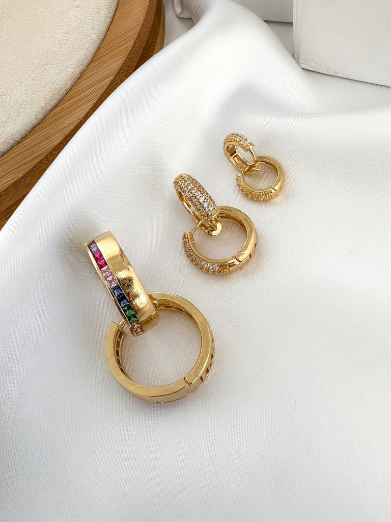 Trio de brincos argolas luxo com micro zircônias folheado a ouro 18k e prata 925