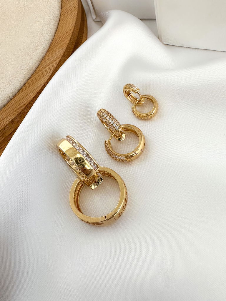 Trio de brincos argolas luxo com micro zircônias folheado a ouro 18k e prata 925