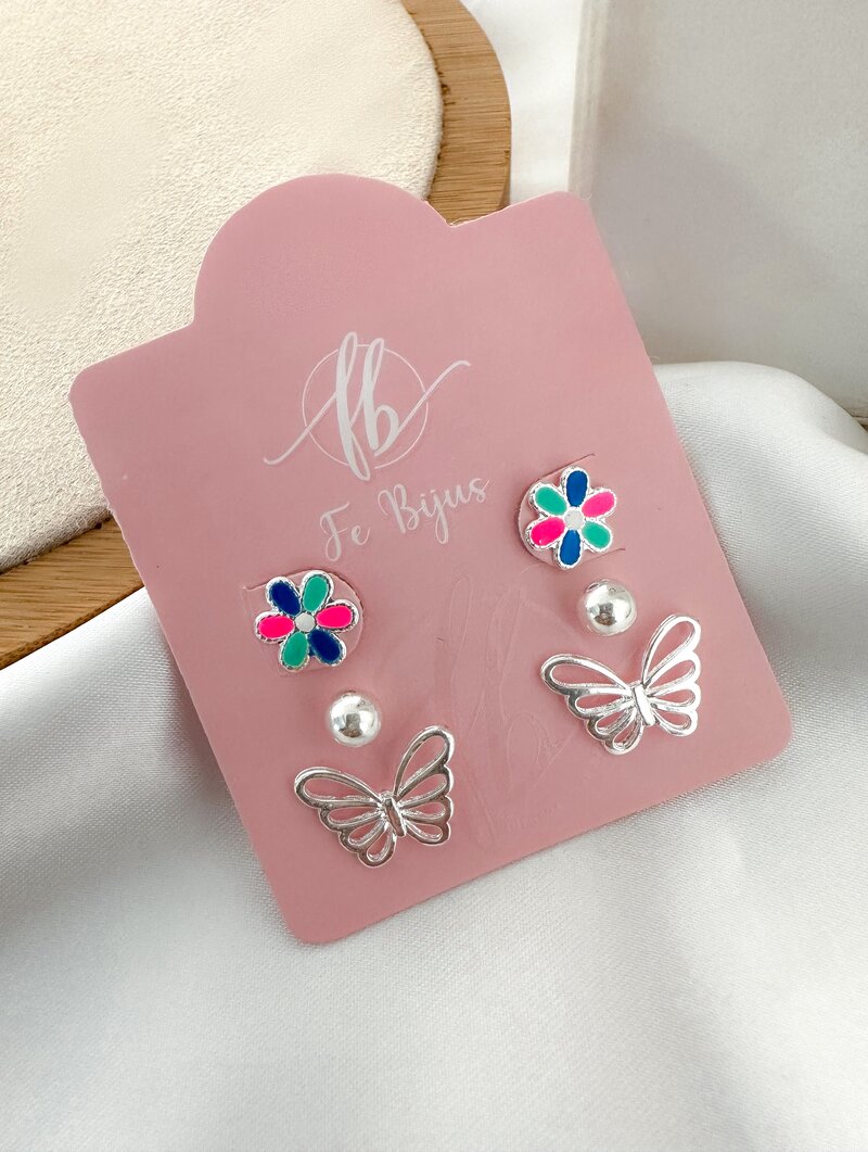 Trio de Brincos Folheado a Ouro 18k e Prata 925 Borboleta e Flor