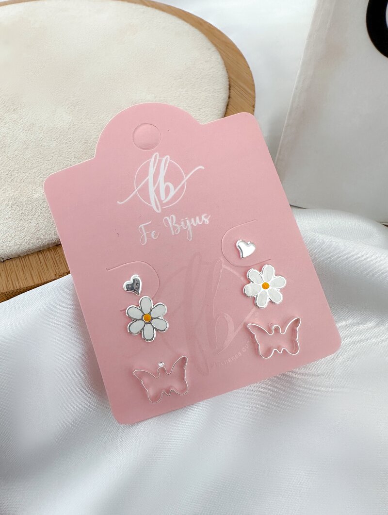 Trio de Brincos Folheado a Ouro 18k e Prata 925 Coração, Flor e Borboleta