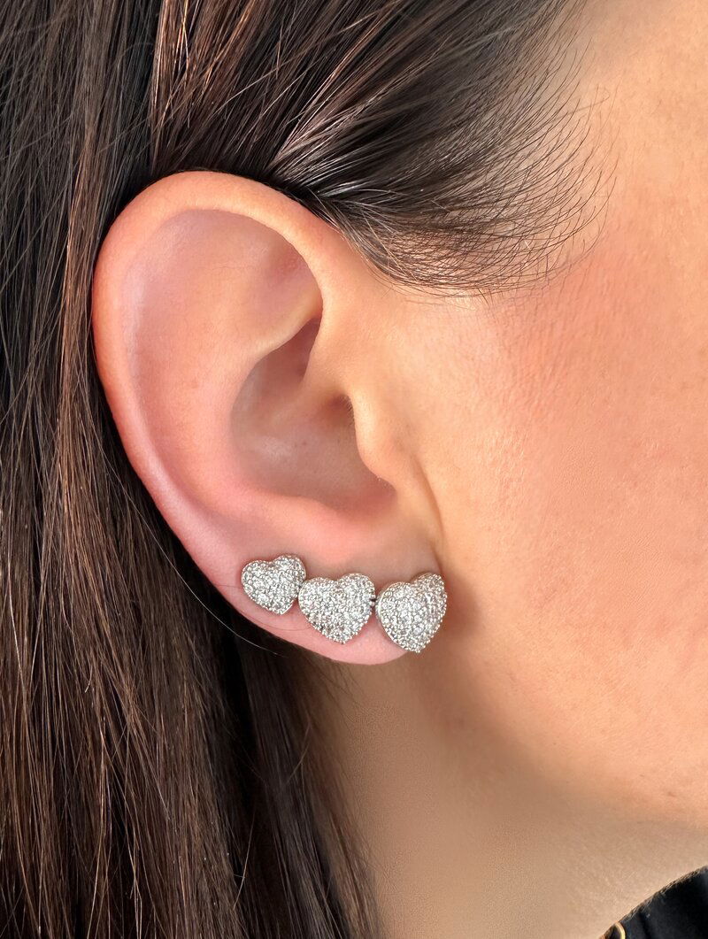 Trio de Brincos Folheado a Ouro 18k e Prata 925 Coração Cravejado