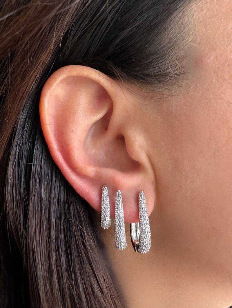 Trio de Brincos Folheado a Ouro 18k e Prata Argola Oval Cravejada