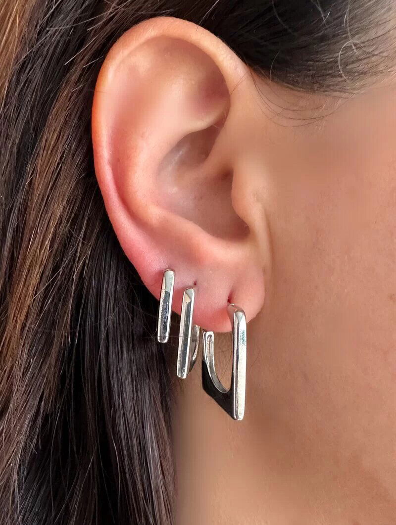 Trio de Brincos Folheado a Ouro 18k e Prata Argola Retangular Lisa