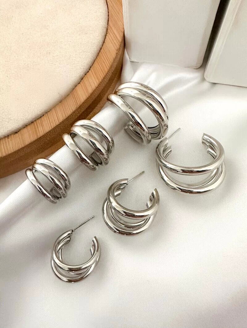 Trio de Brincos Folheado a Ouro 18k e Prata Argola Tripla