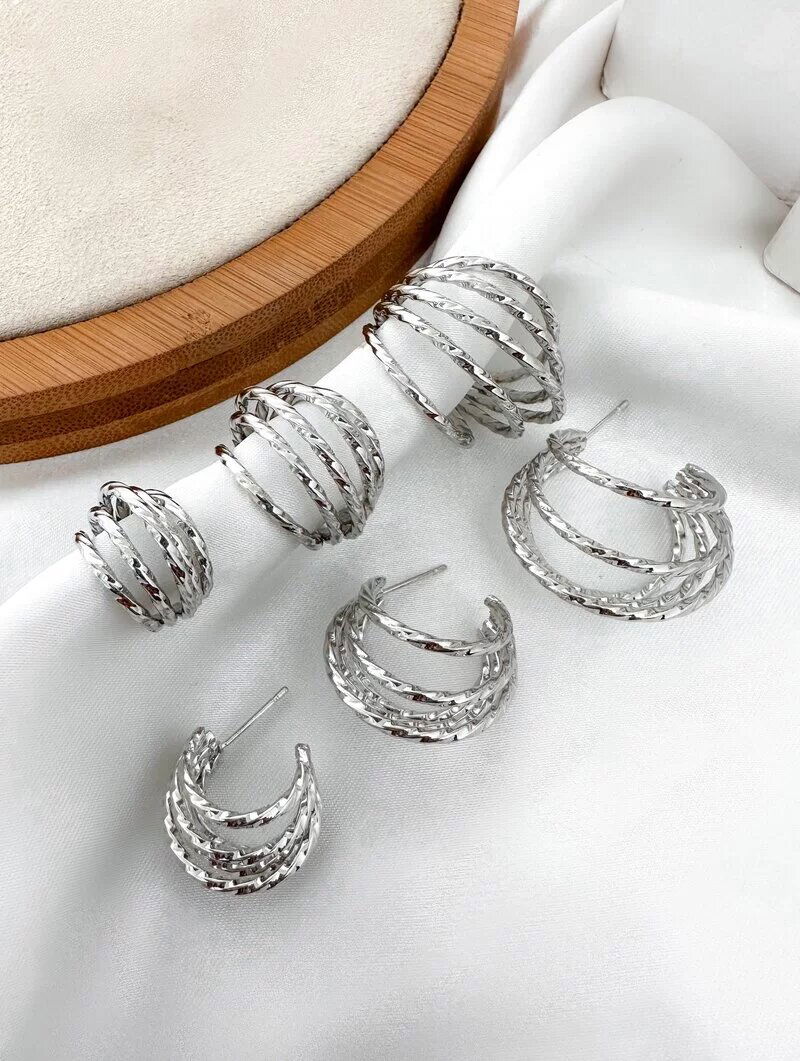 Trio de Brincos Folheado a Ouro 18k e Prata Argolas Cinco Fios