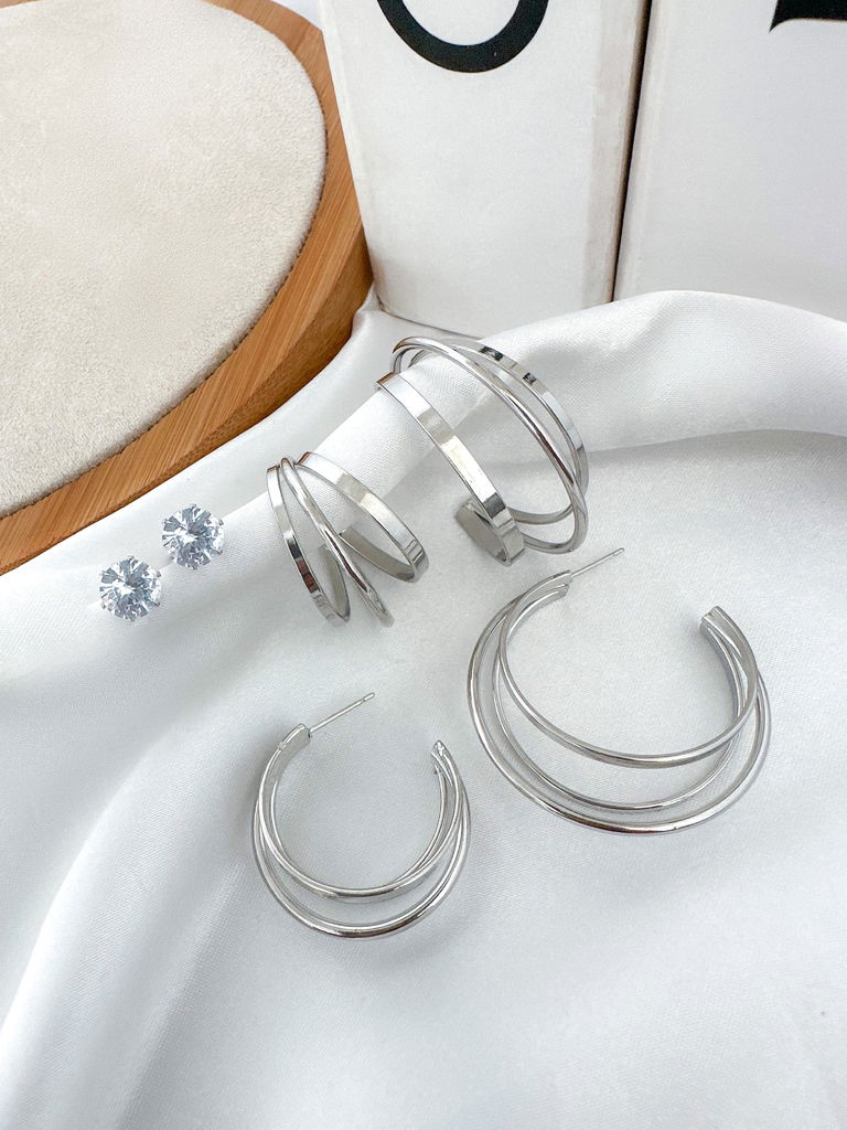 trio de brincos folheado a ouro 18k e prata argolas fios com ponto de luz