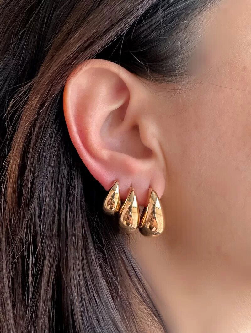 Trio de Brincos Folheado a Ouro 18k e Prata Argolas Gota Lisa