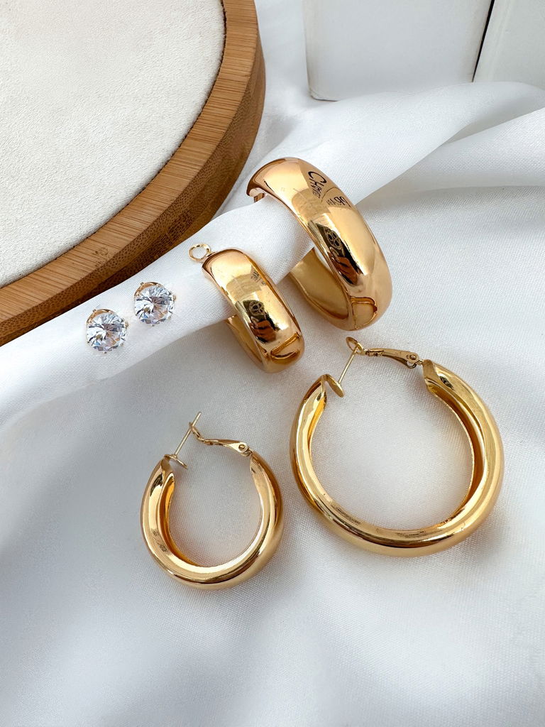 trio de brincos folheado a ouro 18k e prata argolas lisas e ponto de luz