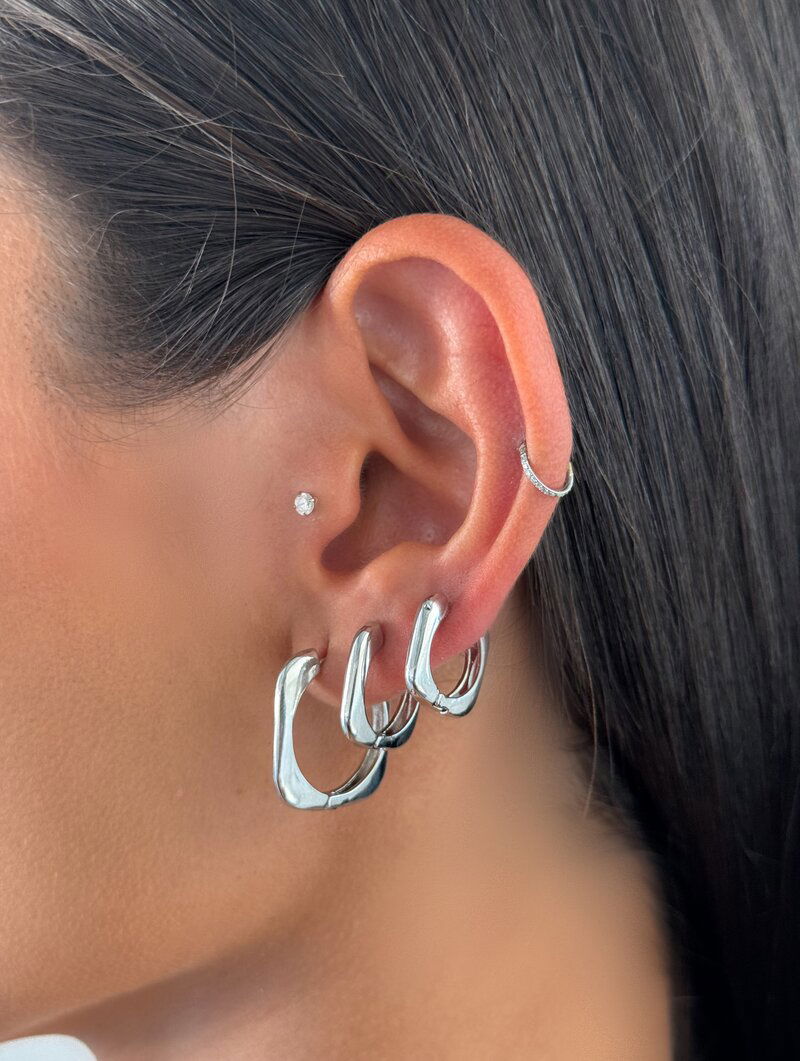 Trio de Brincos Folheado a Prata Argolas Quadradas