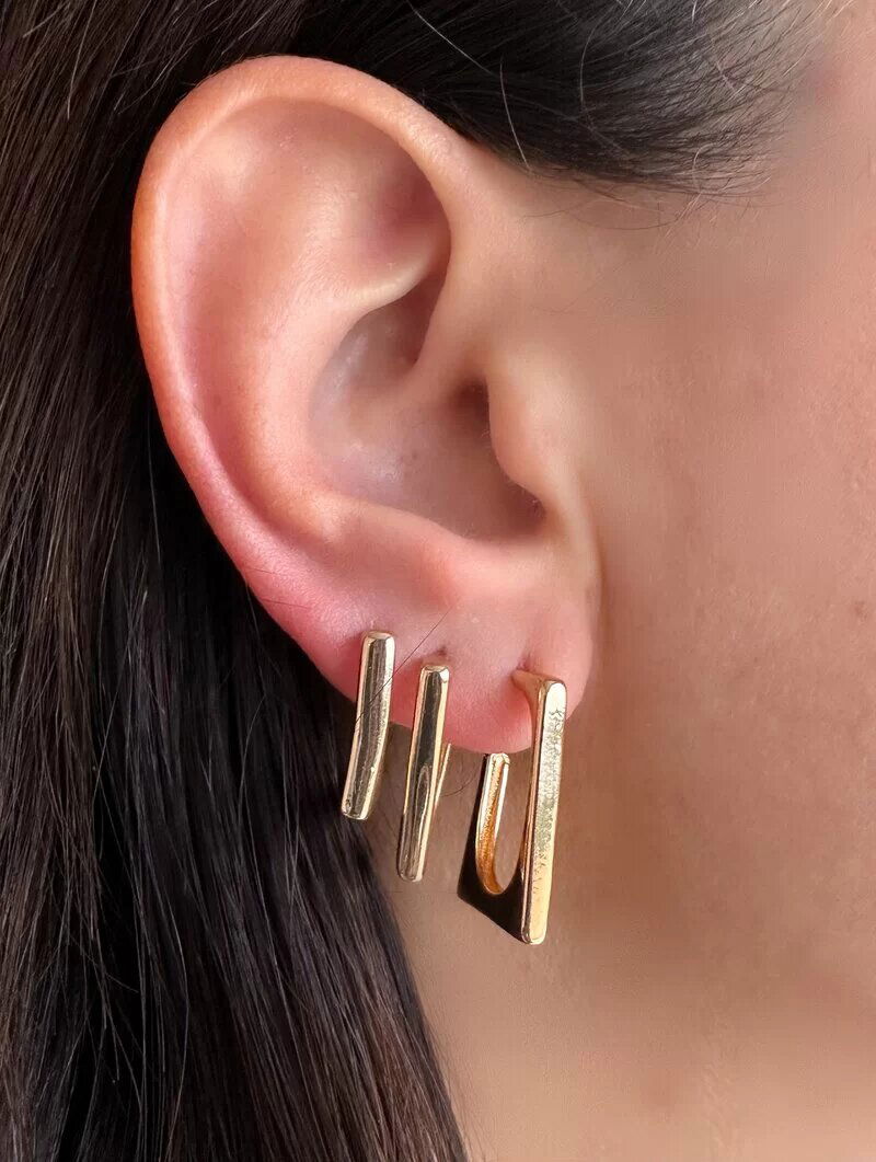 Trio de Brincos Folheado a Ouro 18k e Prata Argolas Quadradas Lisas