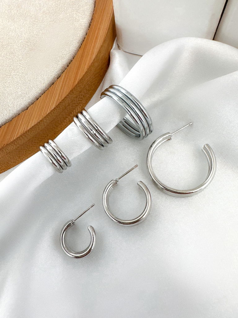 trio de brincos folheado a ouro 18k e prata argolas três fileiras