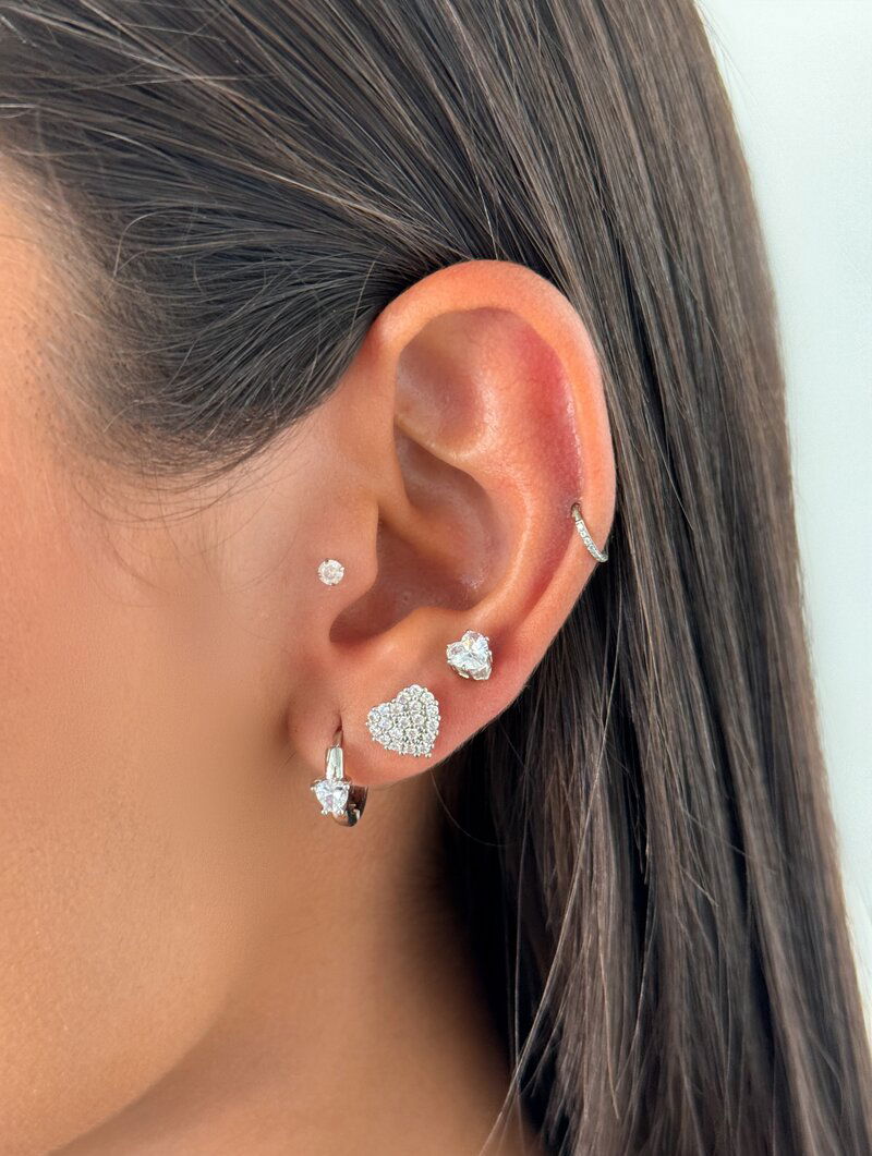 Trio de Brincos Folheado a Prata Argolinha e Corações