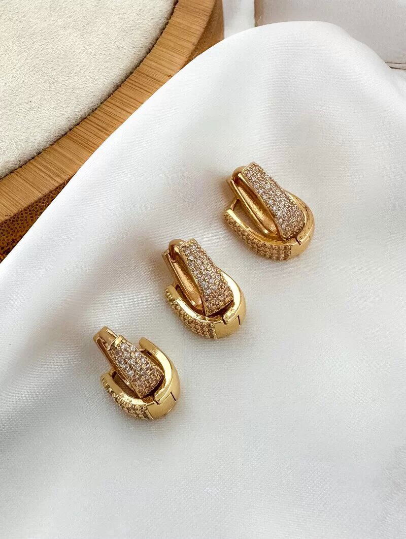 Trio de Brincos Folheado a Ouro 18k e Prata Argolinhas Cravejadas