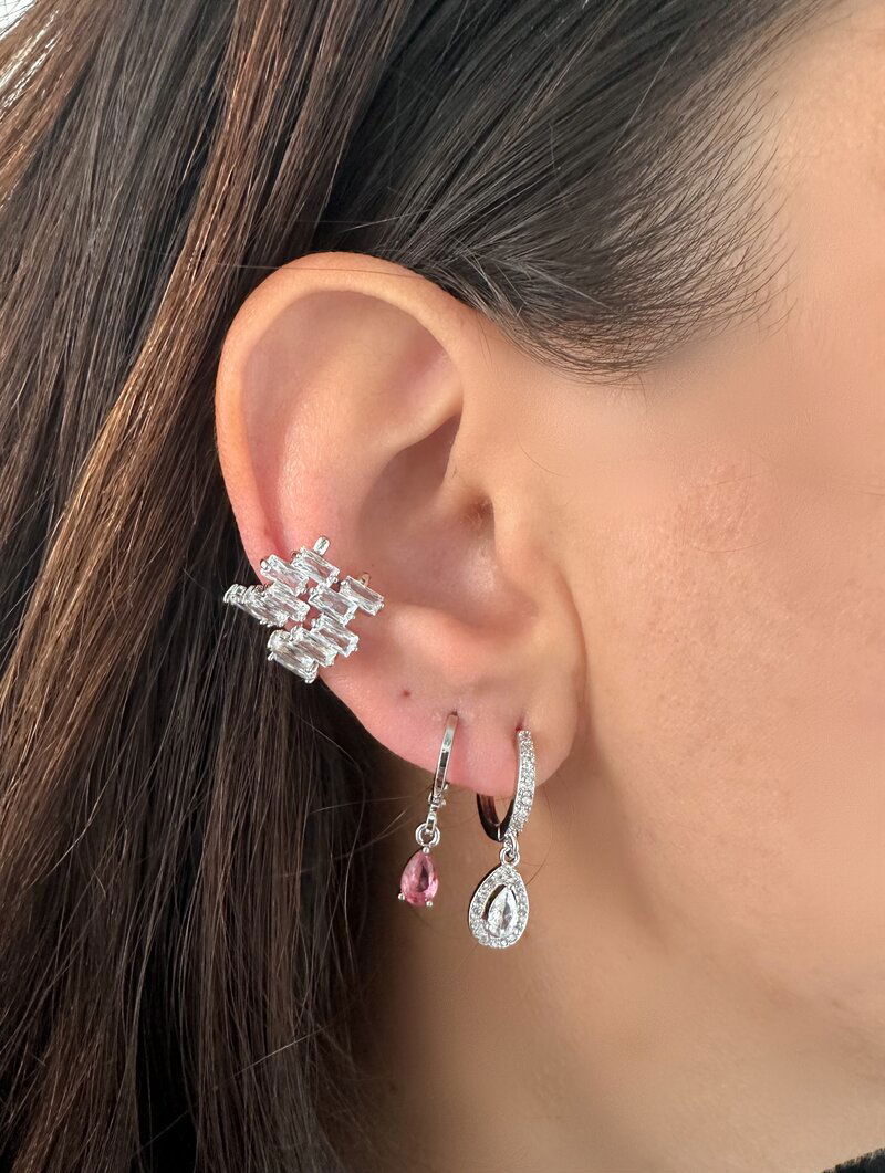 Trio de Brincos Folheado a Ouro 18k e Prata Argolinhas Cravejadas com Piercing Fake