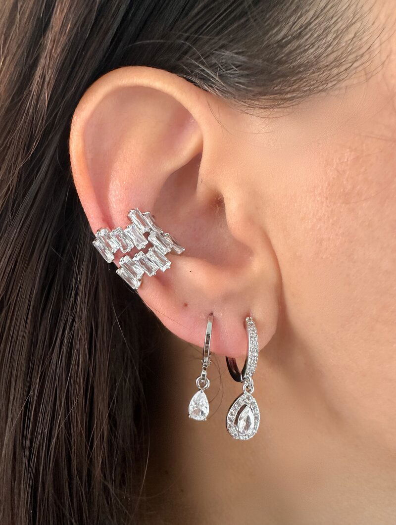 Trio de Brincos Folheado a Ouro 18k e Prata Argolinhas Cravejadas com Piercing Fake