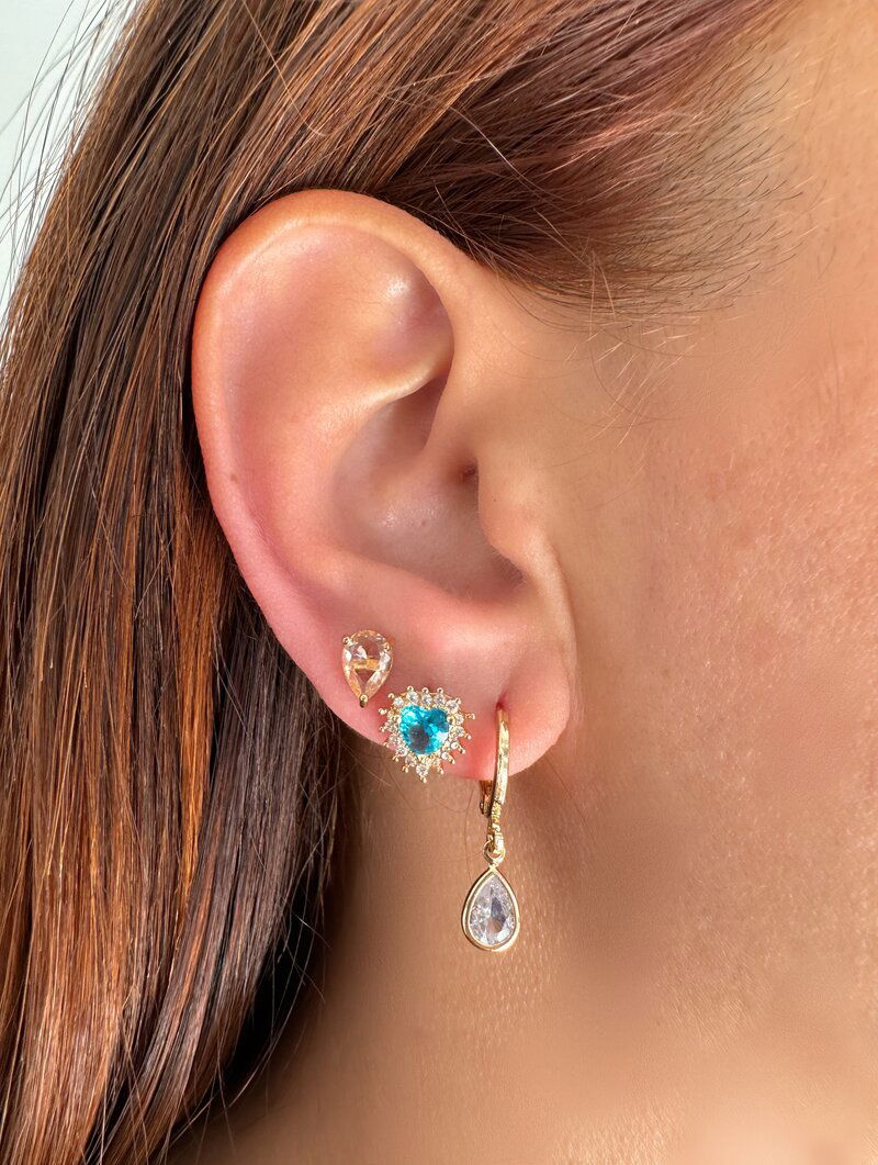 Trio de Brincos Folheado a Ouro 18k e Prata Coração, Gota e Argolinha