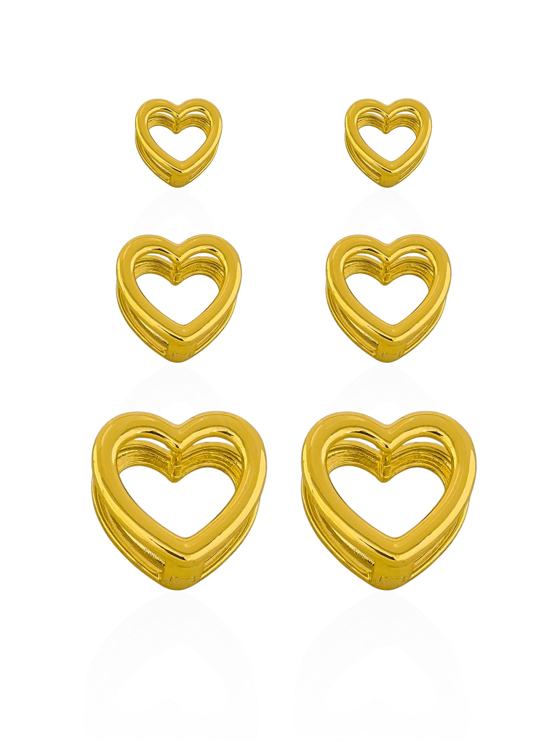 Trio de Brincos Folheado a Ouro 18k e Prata Coração Vazado