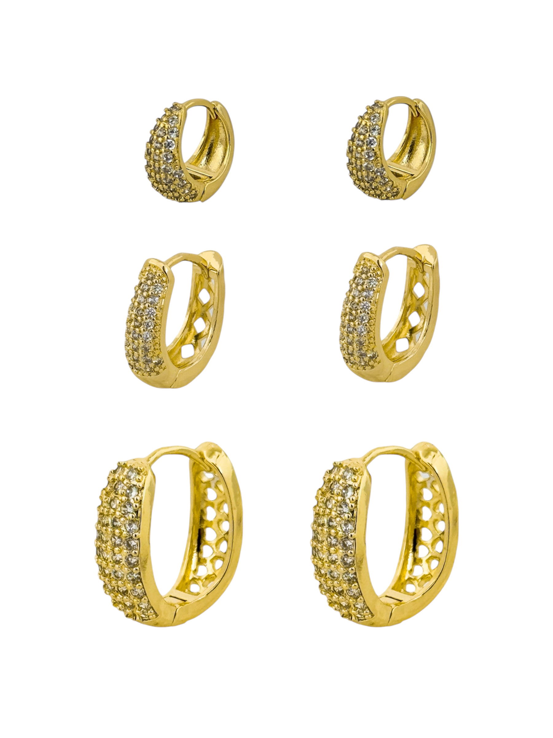 Trio de Brincos Folheado a Ouro 18k e Prata Cravejado