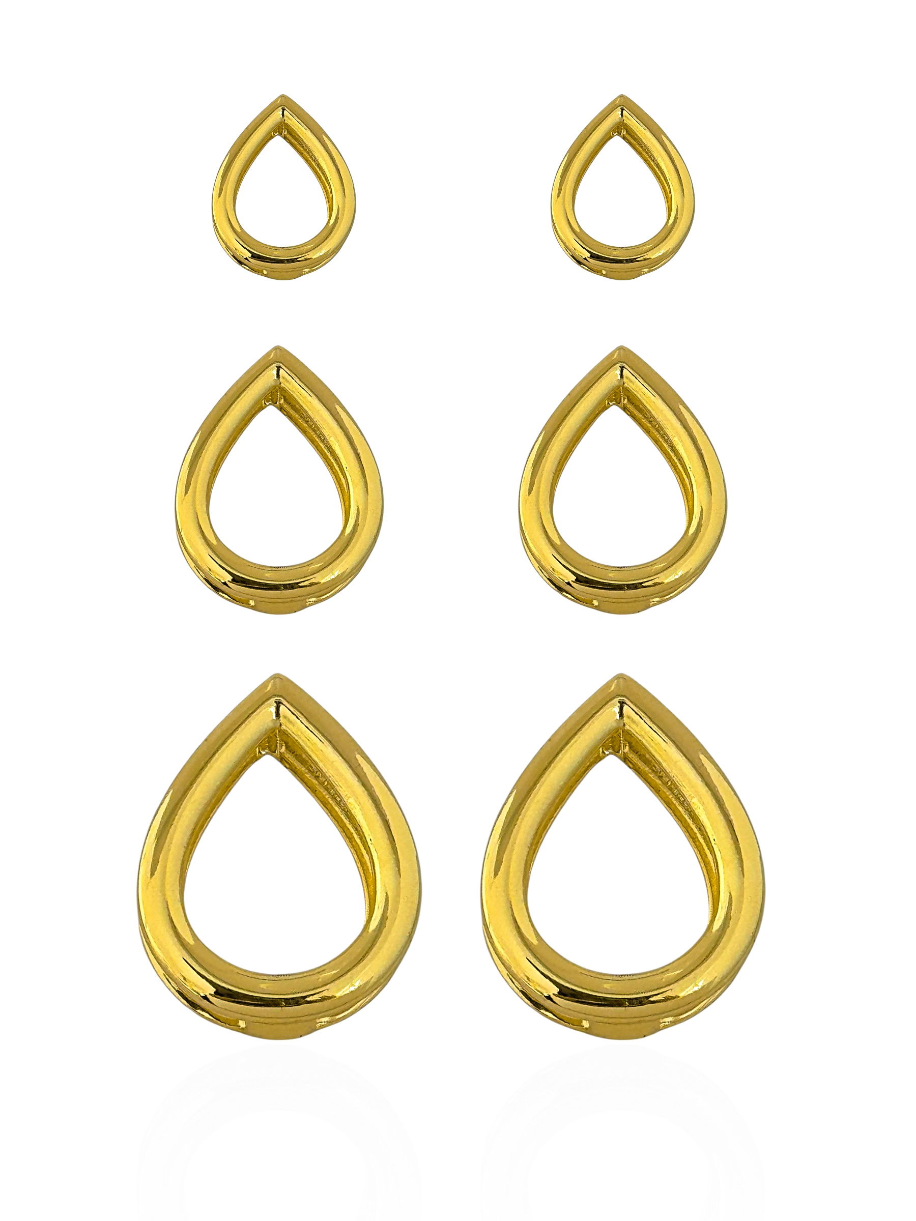 Trio de Brincos Folheado a Ouro 18k e Prata Design Gotas Vazadas
