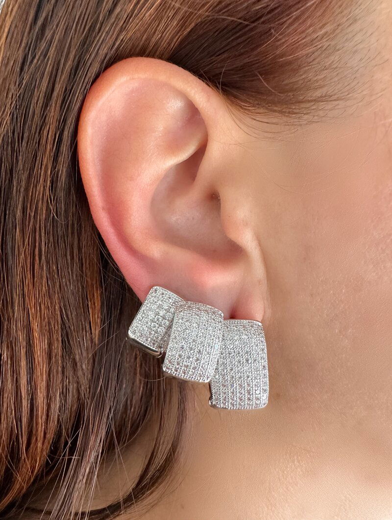 Trio de Brincos Folheado a Ouro 18k e Prata Maxi Argolas Quadradas Cravejadas