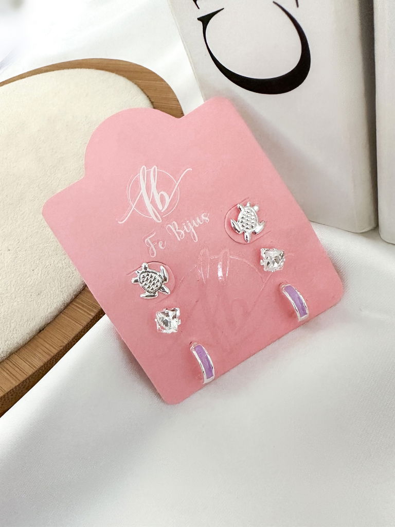 Trio de brincos folheado com tartaruga, ponto de luz e argolinha