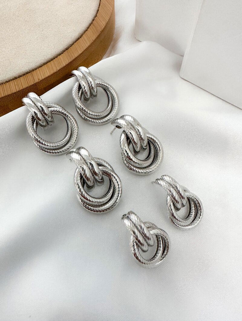 Trio de Brincos Folheados a Ouro 18k e Prata Argola Dupla com Ponteira