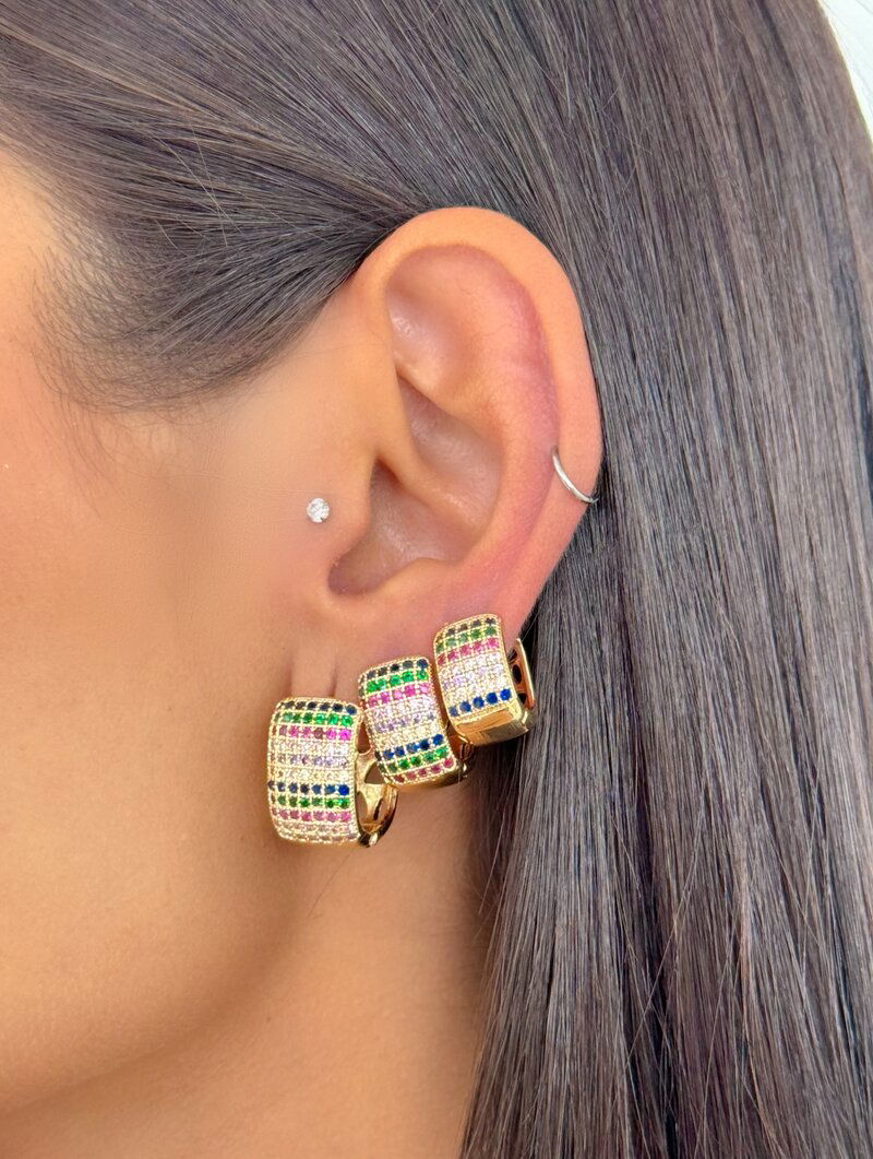 Trio de Brincos Folheados a Ouro 18k e Prata Argola Larga Cravejada