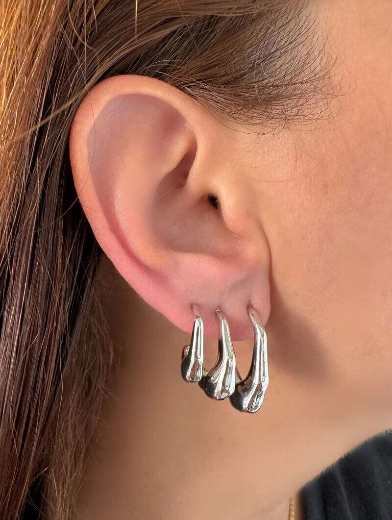 Trio de Brincos Folheados a Ouro 18k e Prata Argolas Formato Geométrico