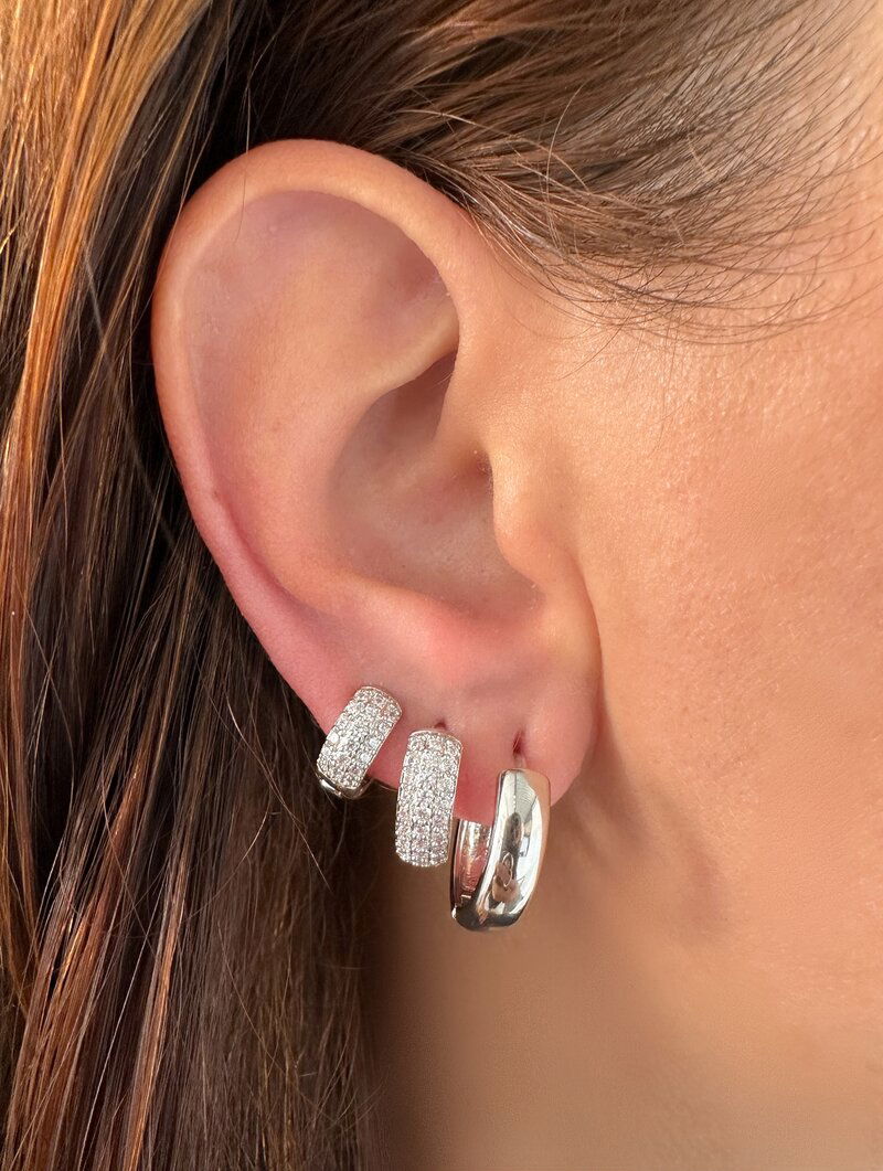 Trio de Brincos Folheados a Ouro 18k e Prata Argolas Lisas e Cravejadas