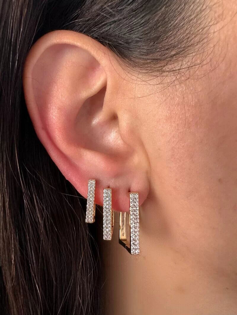 Trio de Brincos Folheados a Ouro 18k e Prata Argolas Quadradas Cravejadas