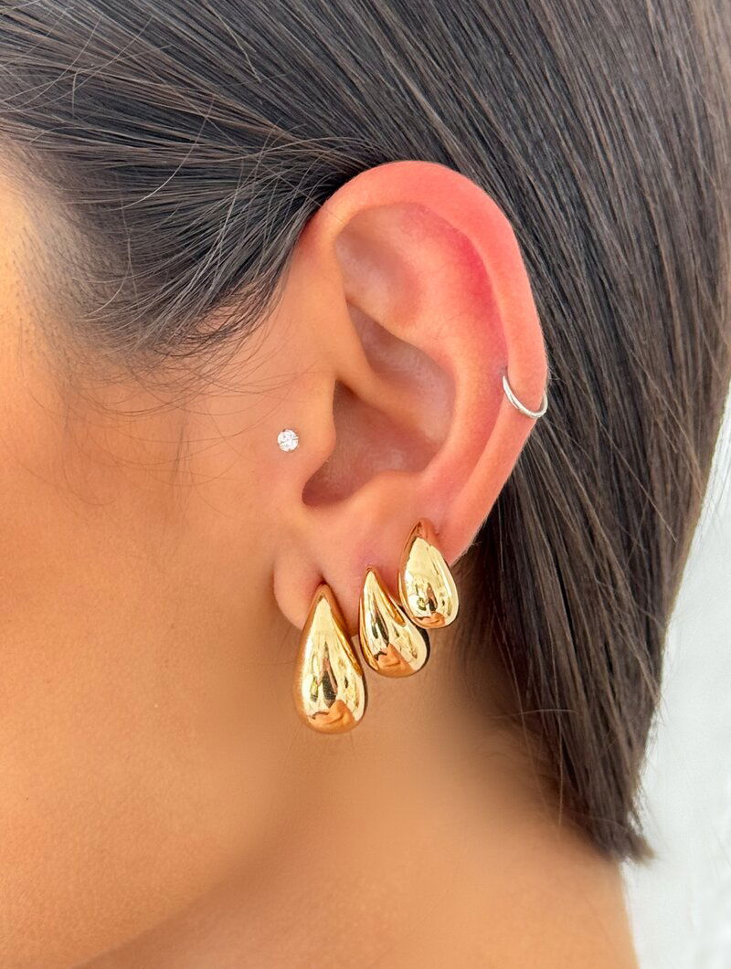 Trio de Brincos Folheados a Ouro 18k e Prata Gotas Lisas