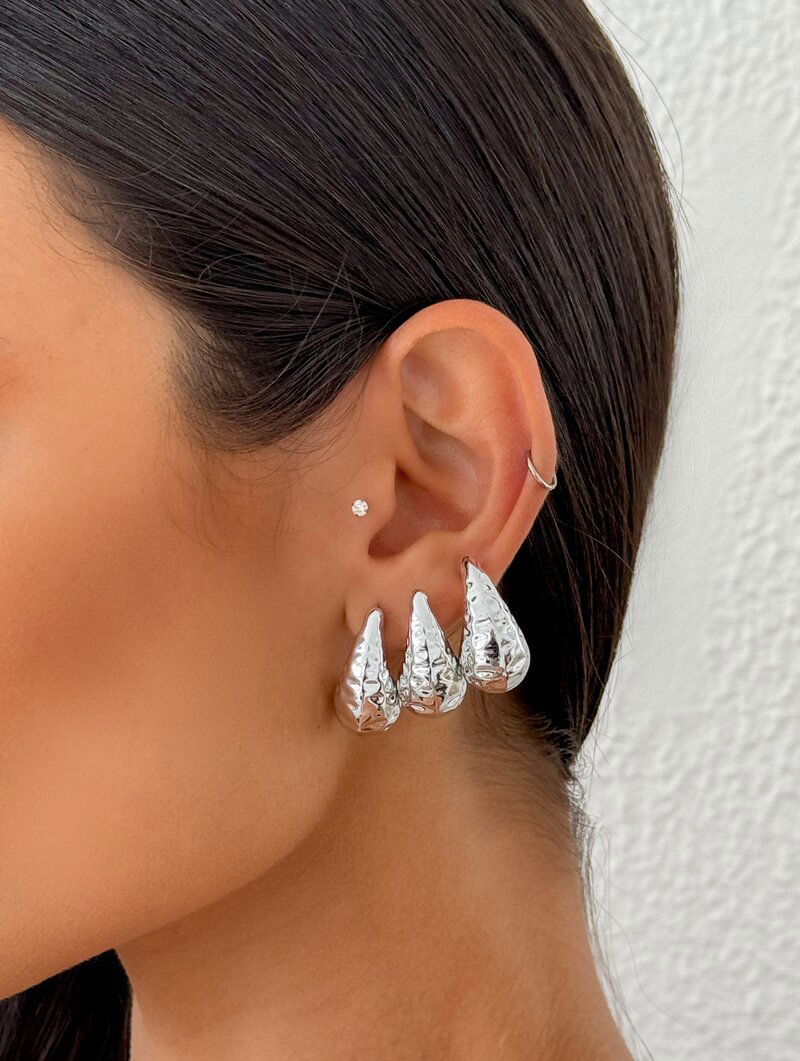 Trio de Brincos Folheados a Ouro 18k e Prata Gotas Marteladas