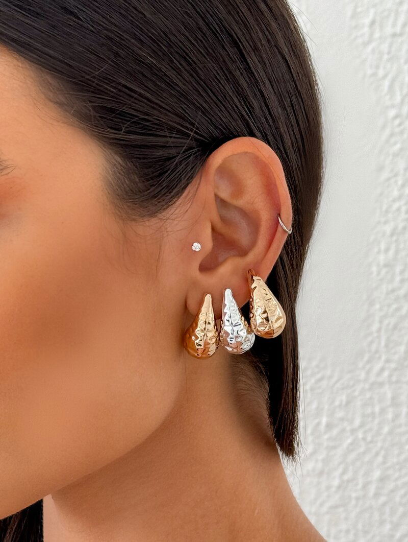 Trio de Brincos Folheados a Ouro 18k e Prata Gotas Marteladas