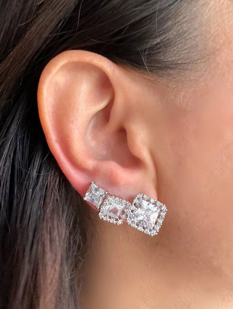 Trio de Brincos Folheados a Ouro 18k e Prata Zircônias Quadradas