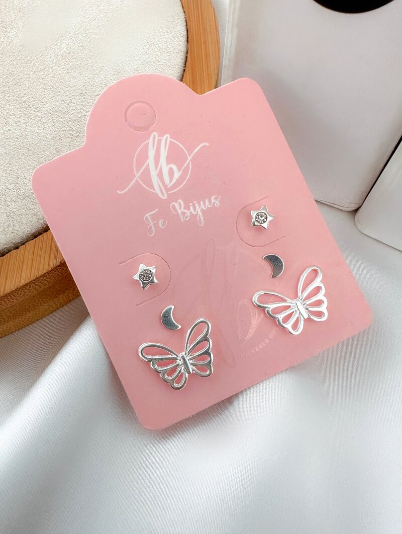 Trio de Brincos Folheados a Ouro 18k Estrela, Lua e Borboleta