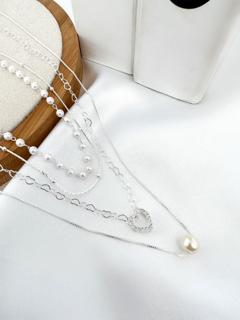 Trio de Joinha folheado Perola, Coração com borda de zircônia