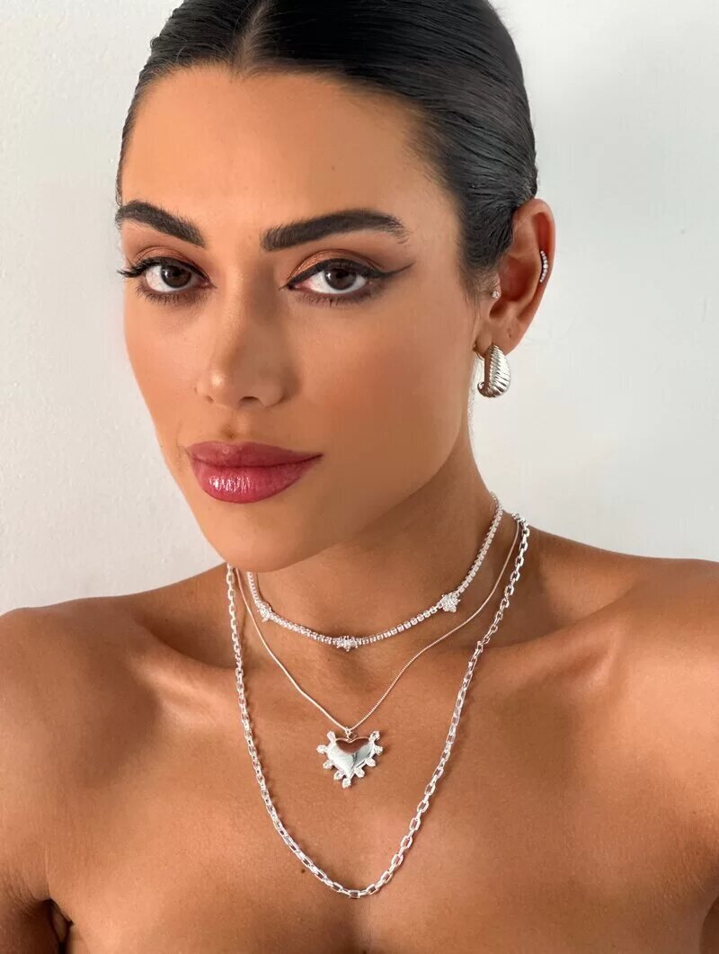 Trio de Joinhas Folheado a Ouro 18k e Prata 925 Corrente de Micro Zircônias e Coração com Pedraria