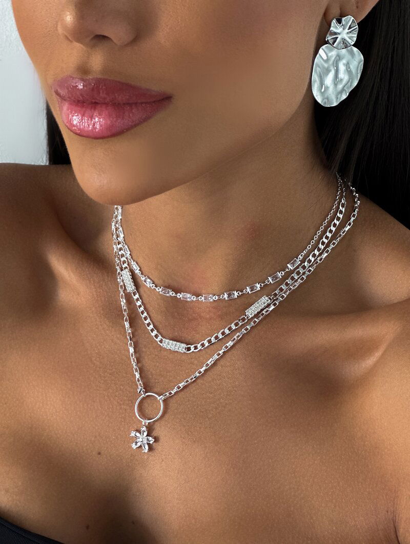 Trio de Joinhas Folheado a Ouro 18k e Prata 925 Corrente Quadrada com Zircônias e Flor Pedraria