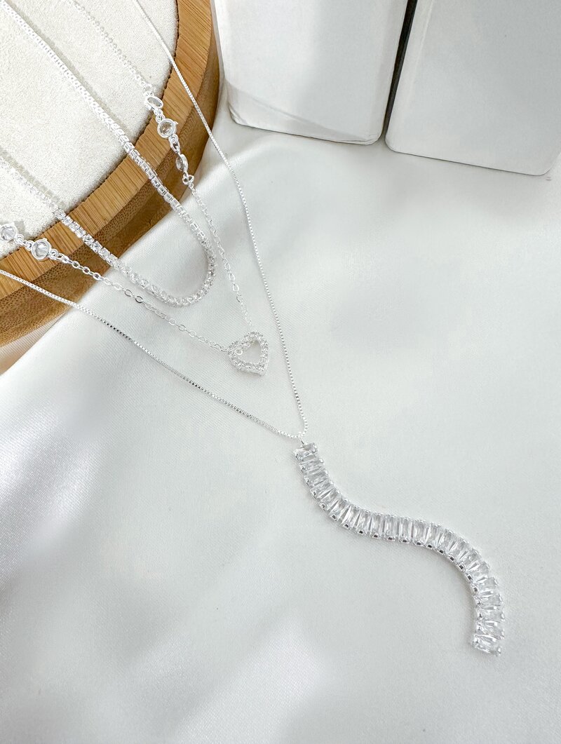 Trio de Joinhas Folheado a Ouro 18k e Prata 925 Navetes e Coração de Micro Zircônia