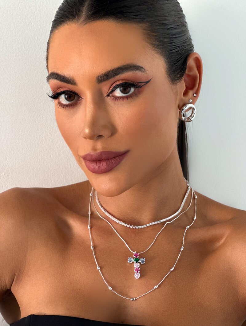 Trio de Joinhas Folheado a Ouro 18k e Prata 925 Zircônias com Crucifixo Colorido