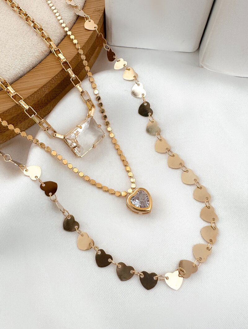 Trio de Joinhas Folheado a Ouro 18k e Prata Chapinhas de Corações e Zircônias