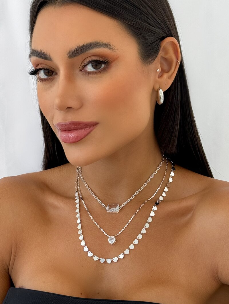 Trio de Joinhas Folheado a Ouro 18k e Prata Corações com Correntaria e Zircônias