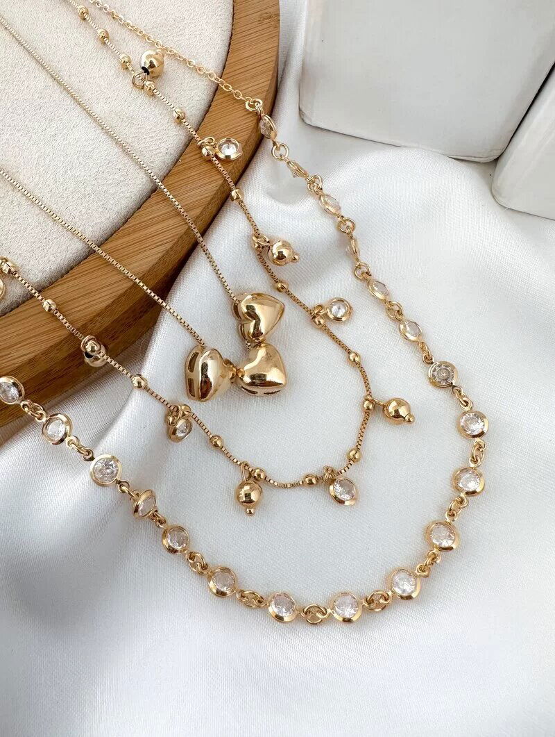 Trio de Joinhas Folheado a Ouro 18k e Prata Corações com Pontos de Luz