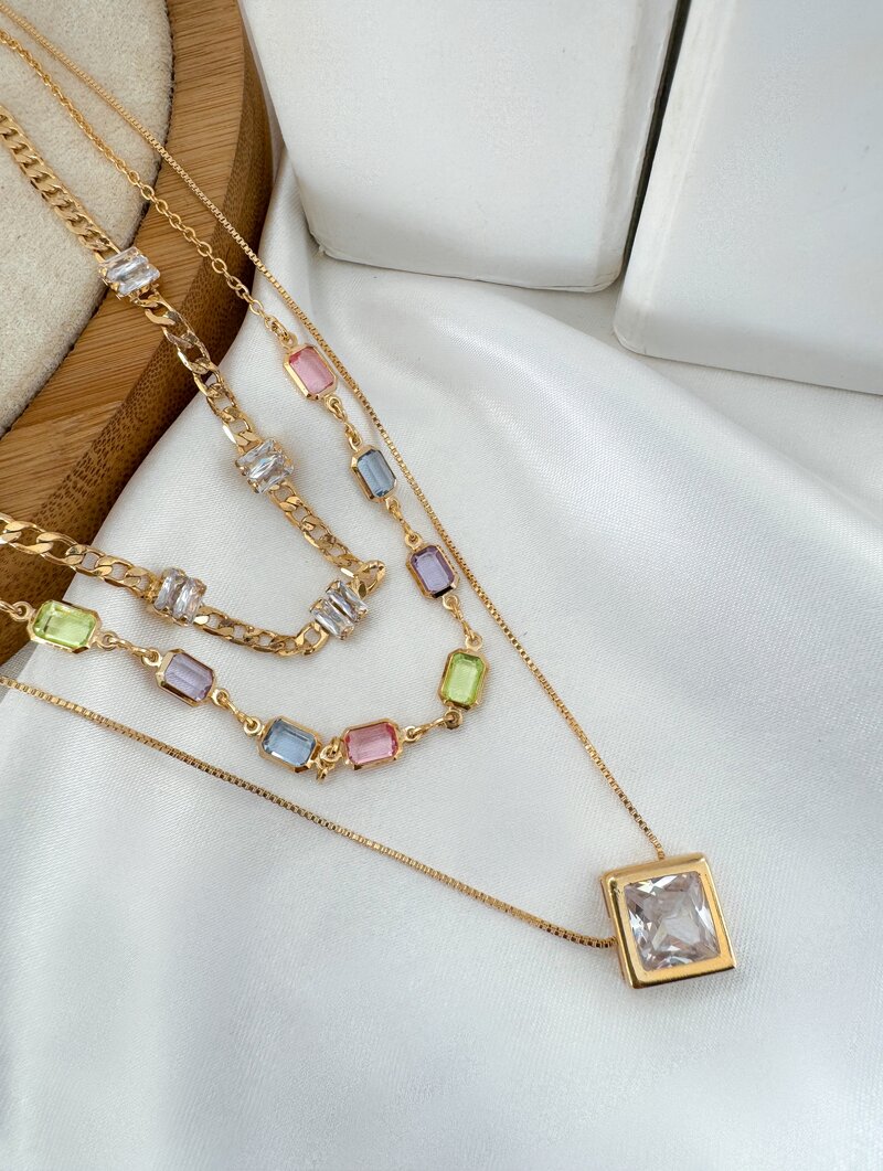 Trio de Joinhas Folheado a Ouro 18k e Prata Correntaria Fina com Zircônias Coloridas